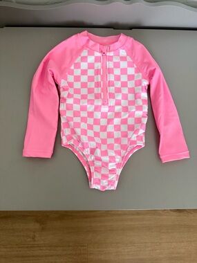 wonder nation Pink and White Checkerboard Long-Sleeve One-Piece Swimsuit